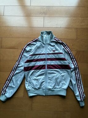 Vintage 80’s Adidas Light grey/ Silver Track Jacket with Maroon Stripes